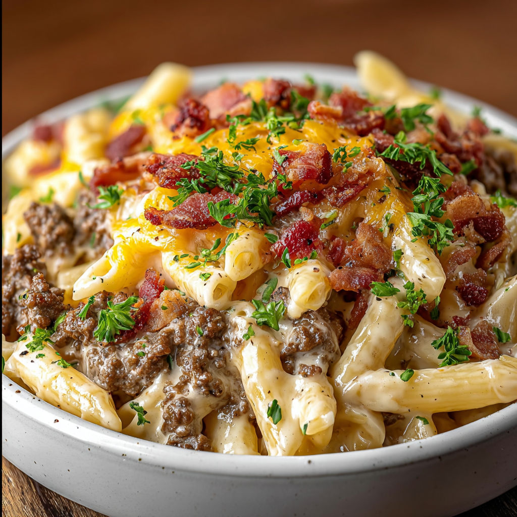 A delicious pasta dish with bacon, cheese, and eggs, served in a white bowl.