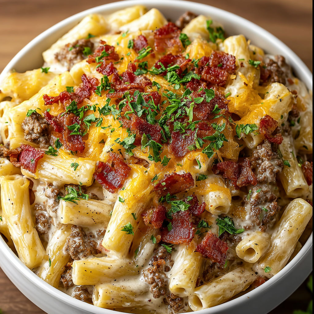 A delicious pasta dish with bacon, cheese, and a creamy sauce.