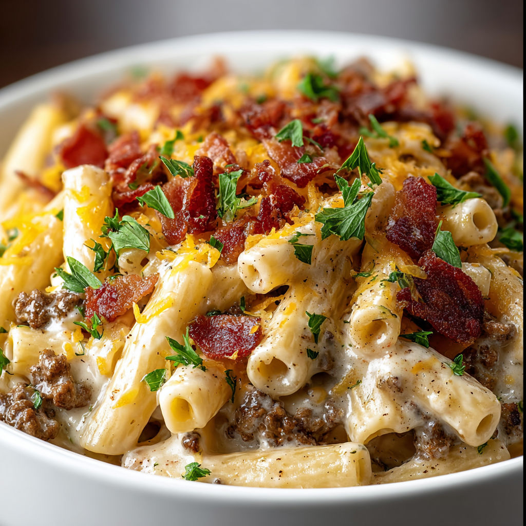 A bowl of pasta with bacon and cheese on top.