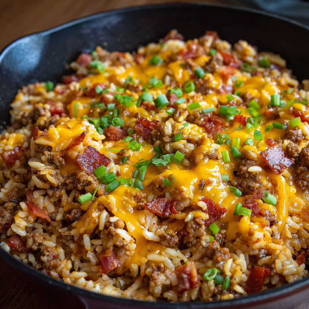 A delicious meal of rice and meat, topped with cheese and bacon, served in a black bowl.