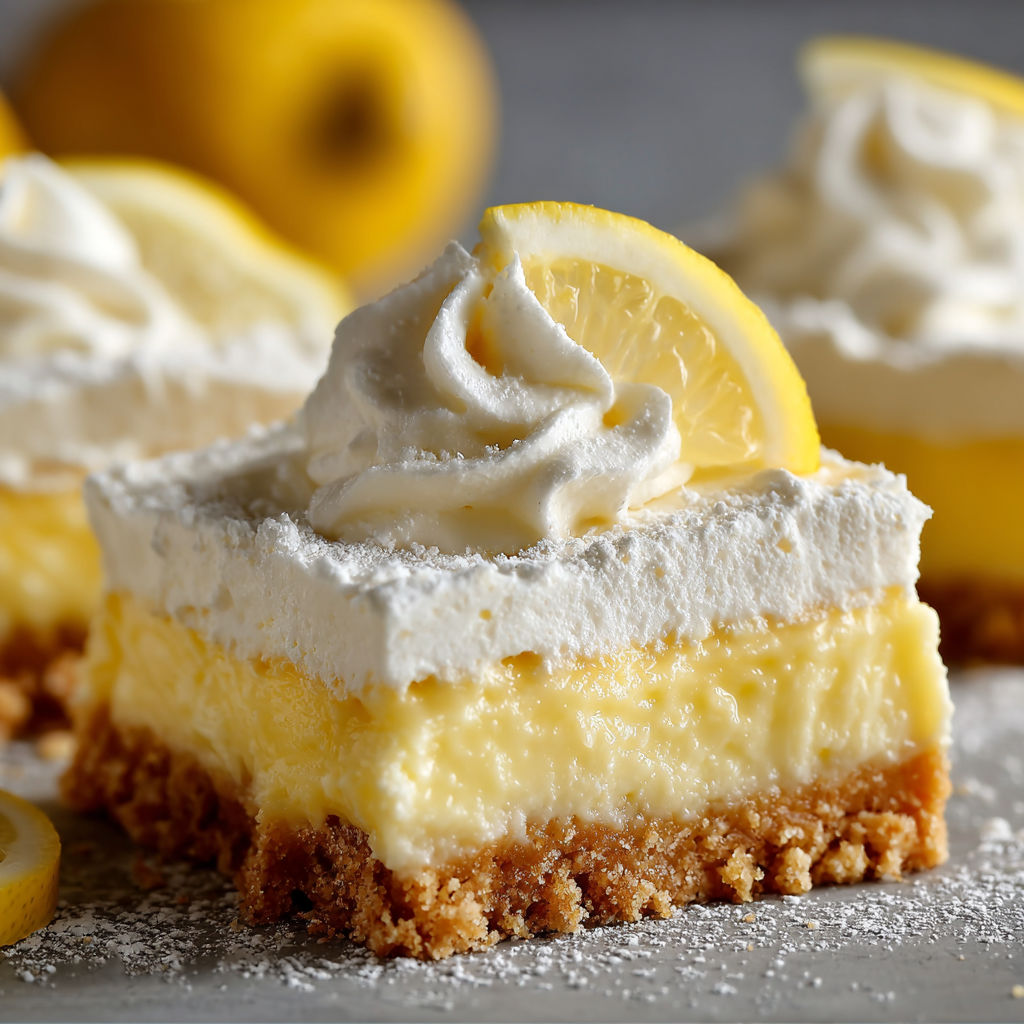 A slice of lemon cheesecake with whipped cream on top.