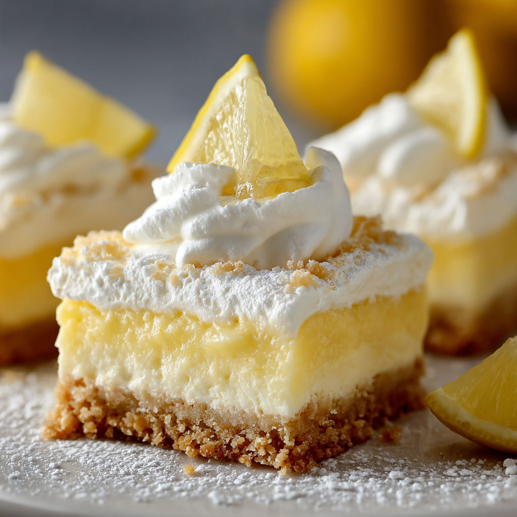 A slice of lemon cheesecake with whipped cream on top.