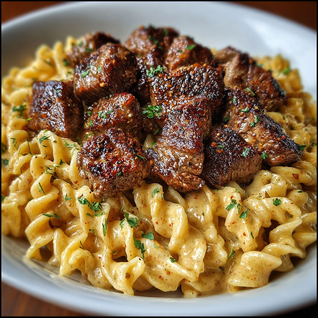 A plate of food with pasta and meat on top.