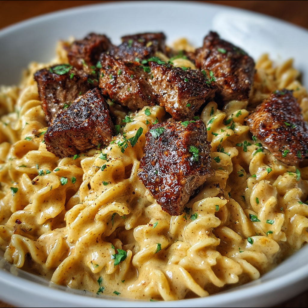 A bowl of pasta with meat and vegetables, possibly a beef and broccoli dish.