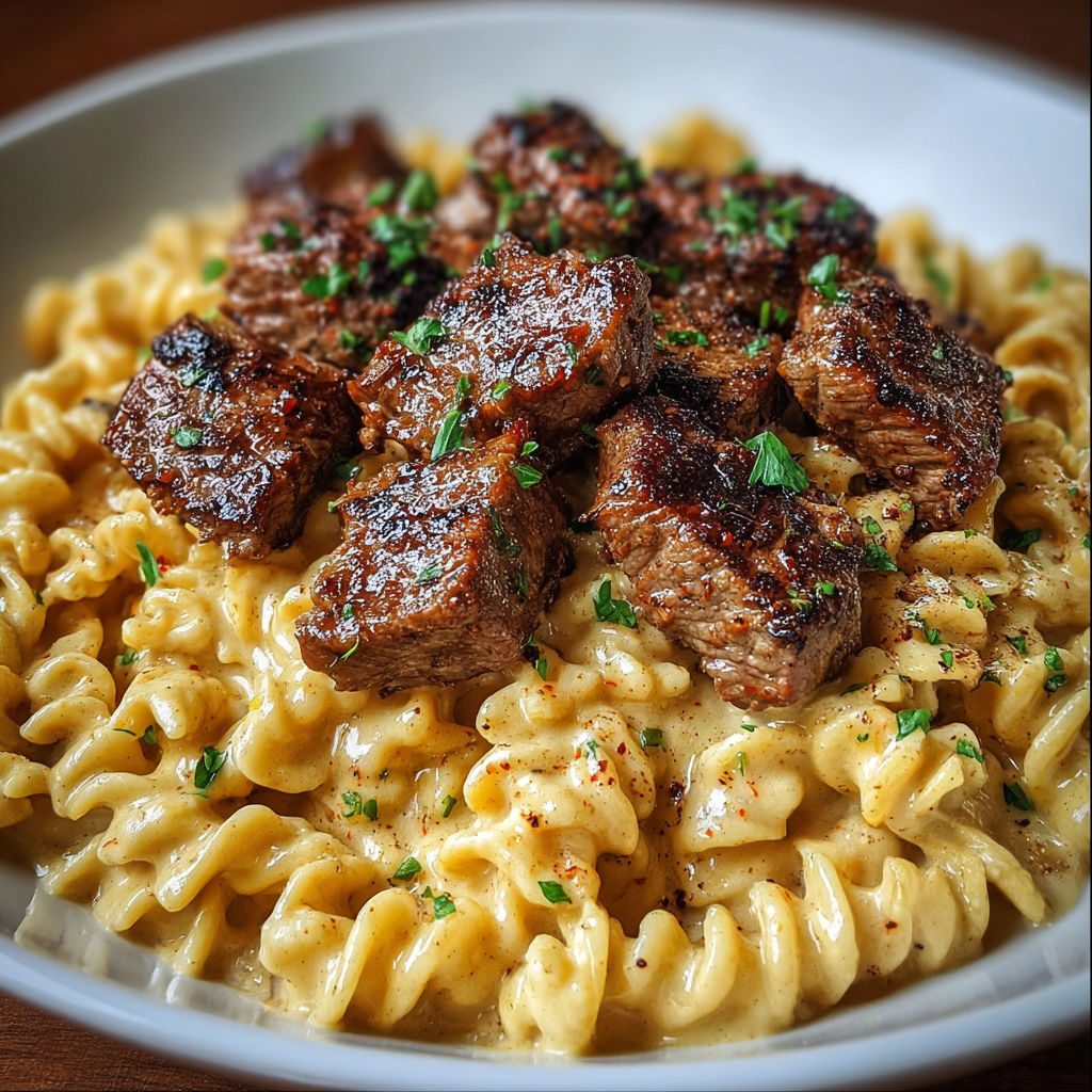 A bowl of pasta with meat and vegetables, including broccoli, and a green herb.