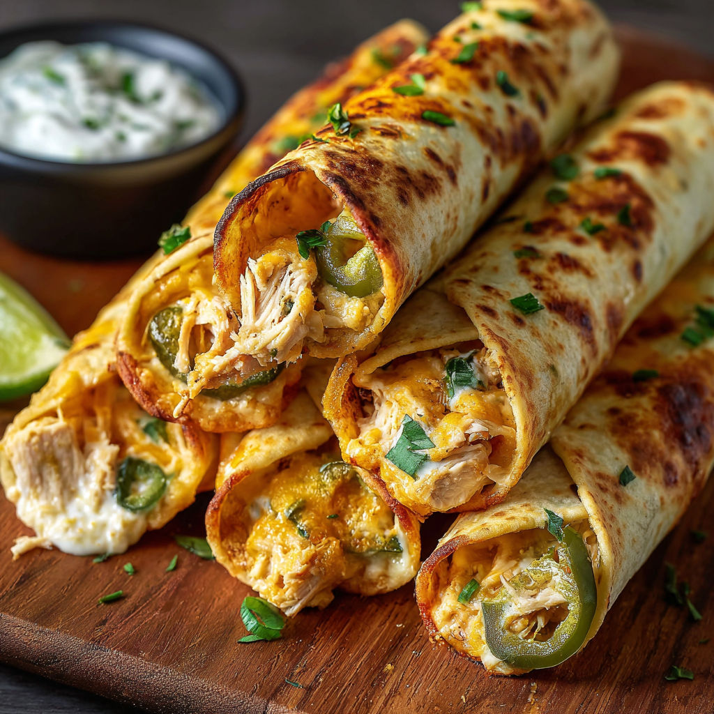 A delicious Jalapeño Popper Chicken Taquitos Recipe is displayed on a wooden cutting board.