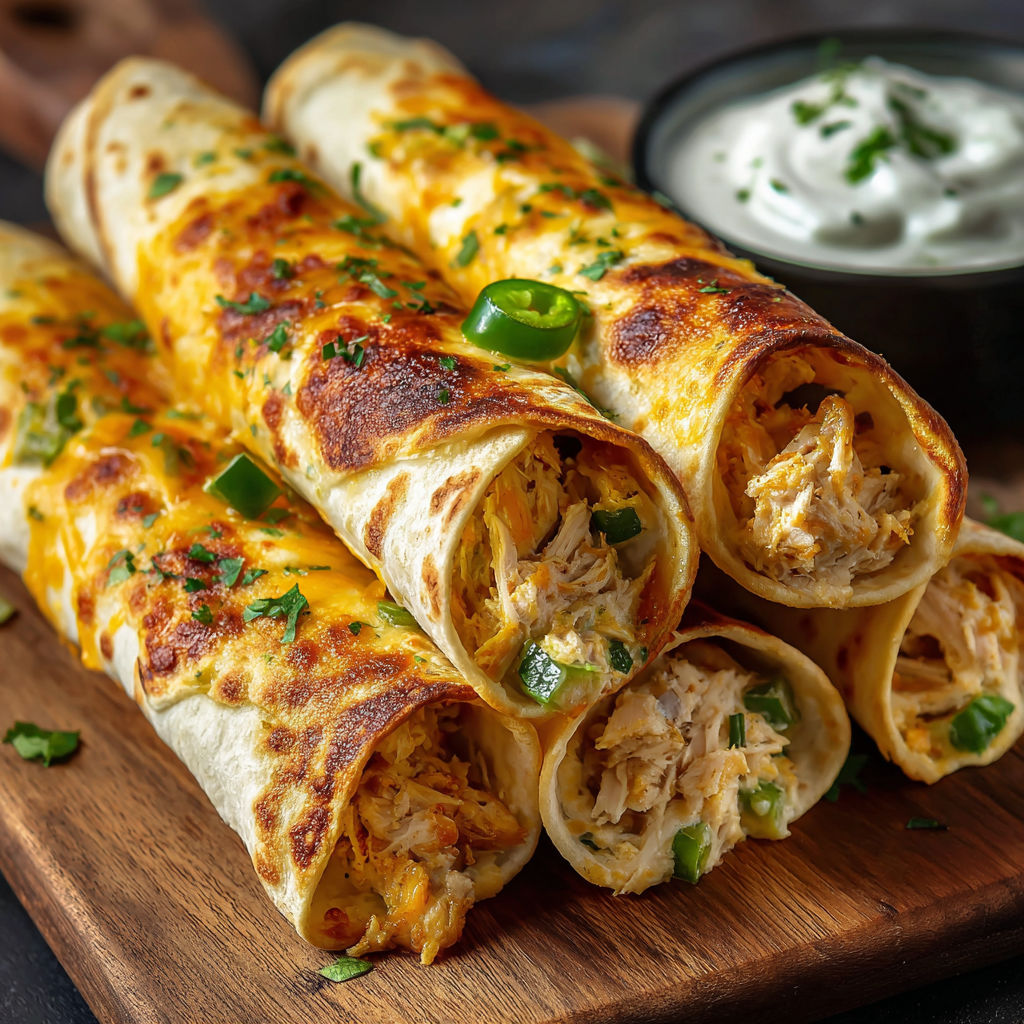 A delicious Jalapeño Popper Chicken Taquitos Recipe is displayed on a wooden cutting board.