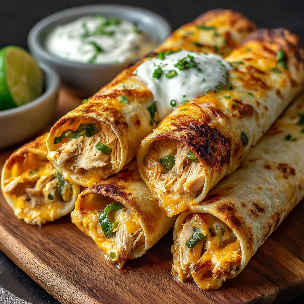 A delicious Jalapeño Popper Chicken Taquitos Recipe is displayed on a wooden cutting board.