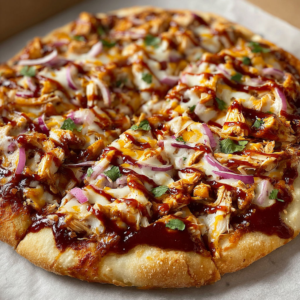 A BBQ Chicken Pizza Delight is displayed on a table, ready to be eaten.