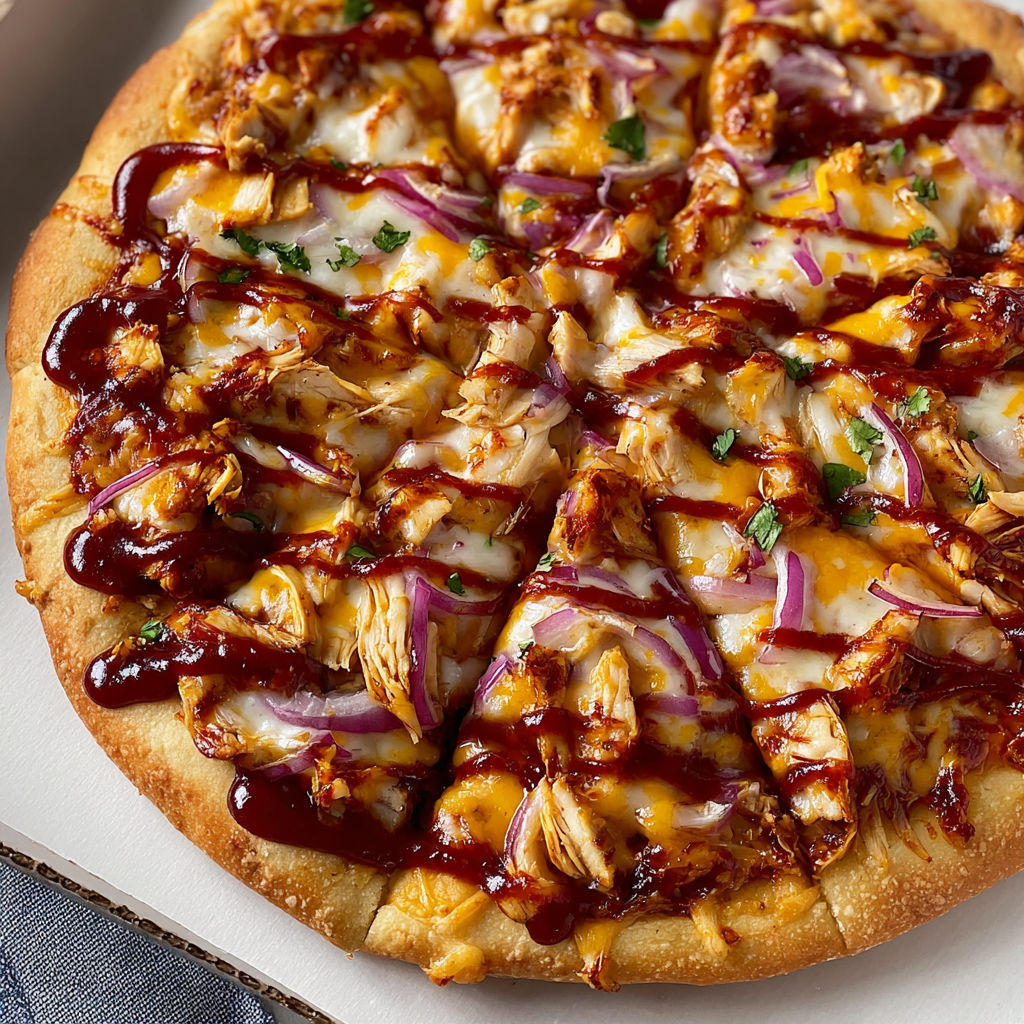 A pizza with chicken and onions is sitting on a table.