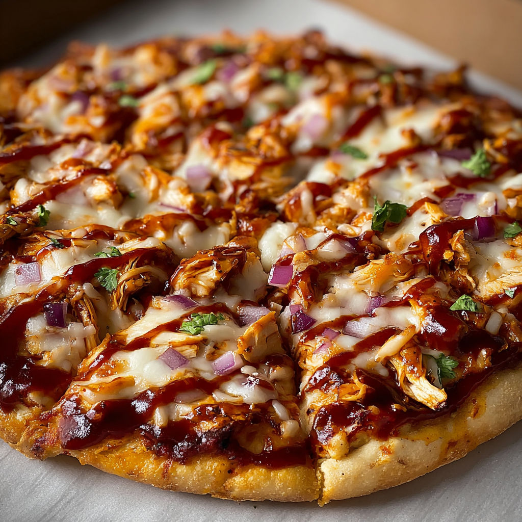 A pizza with a BBQ sauce topping is ready to be eaten.