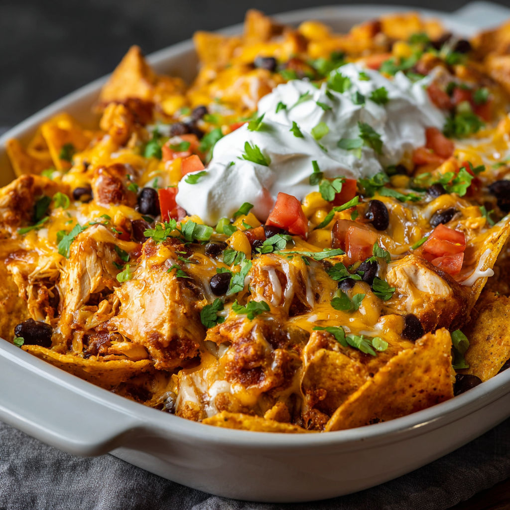 A delicious Doritos Chicken Casserole is served in a white bowl.
