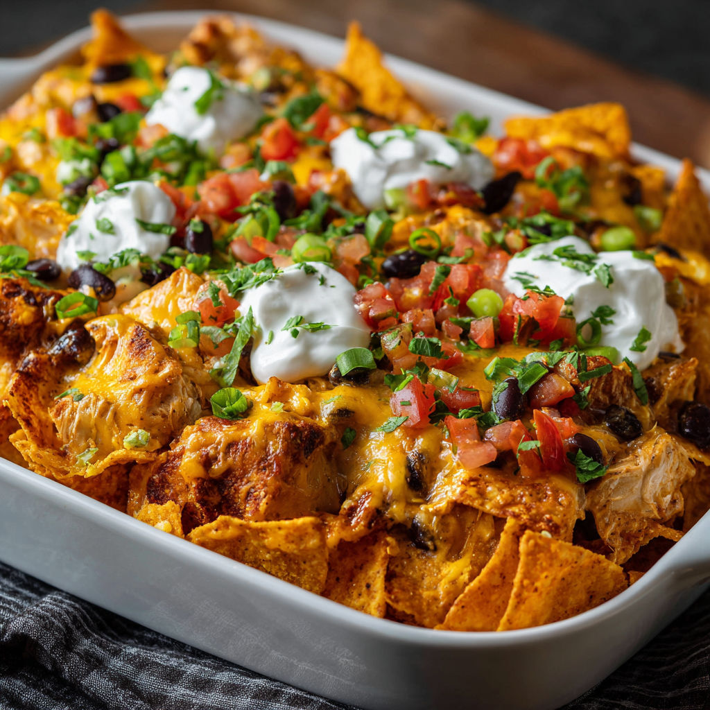A delicious Doritos Chicken Casserole is served in a white bowl.
