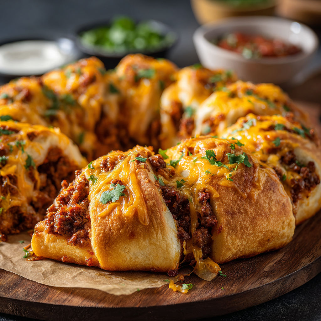 A delicious homemade taco ring recipe, filled with cheese and meat, is ready to be served.
