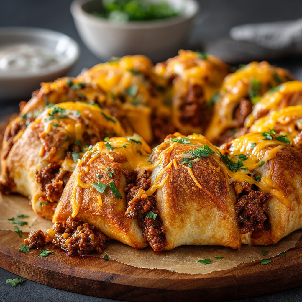 A delicious homemade taco ring recipe, filled with cheese and meat, is ready to be served.