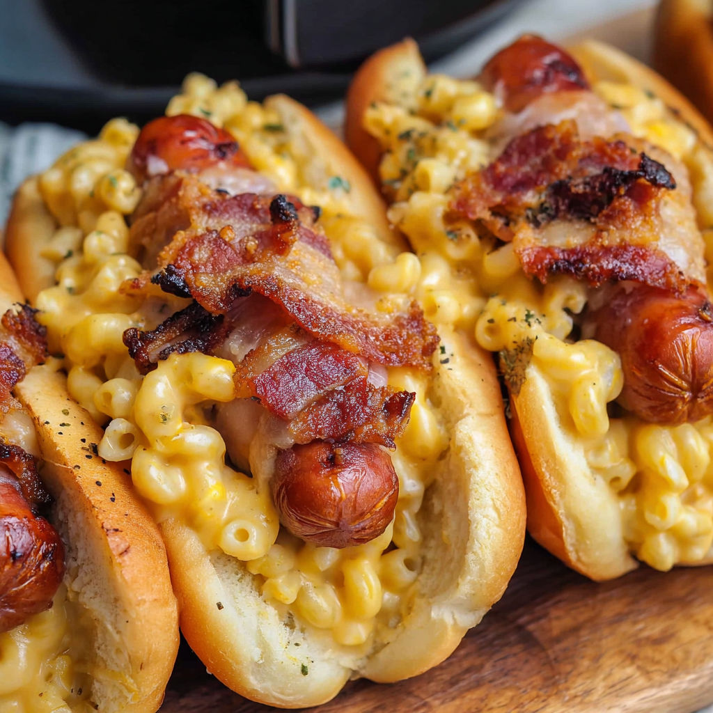 Two hot dogs with macaroni and cheese topped with bacon.