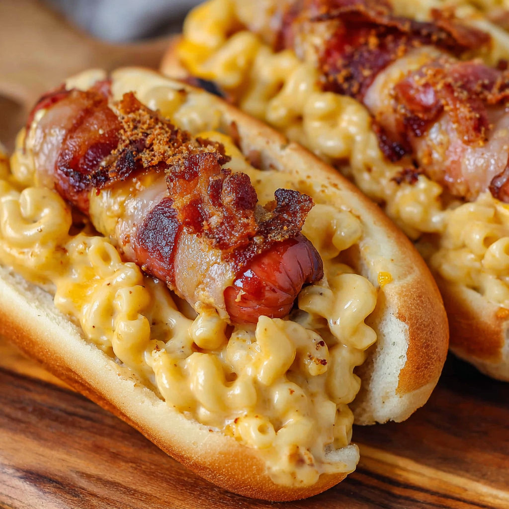 Two hot dogs with macaroni and cheese topped with bacon and cheese.