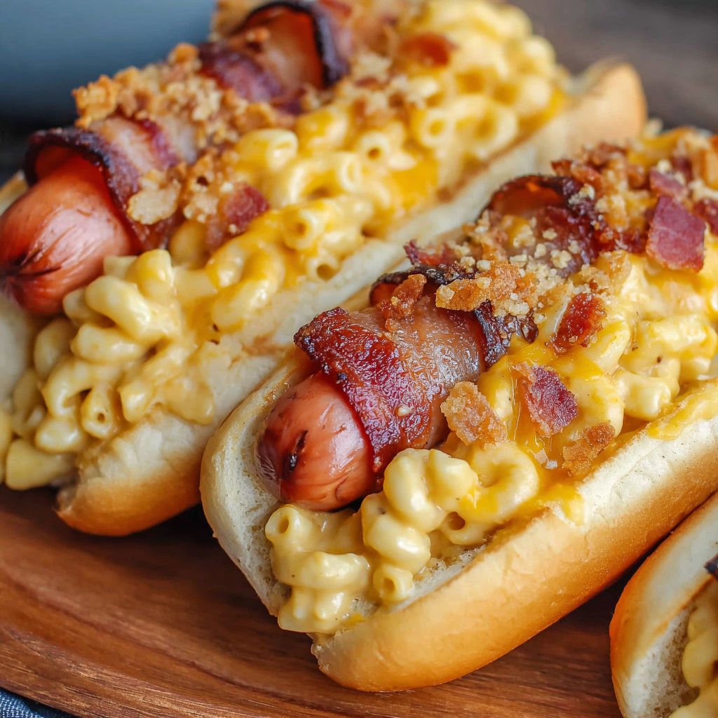 Two hot dogs with macaroni and cheese topped with bacon and cheese.