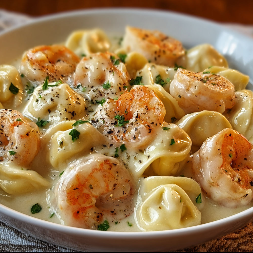 A bowl of Cheese Tortellini Shrimp Alfredo, a delicious pasta dish with shrimp, cheese, and a creamy sauce.