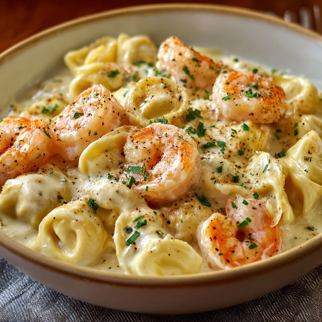 A bowl of pasta with shrimp and cheese on top.