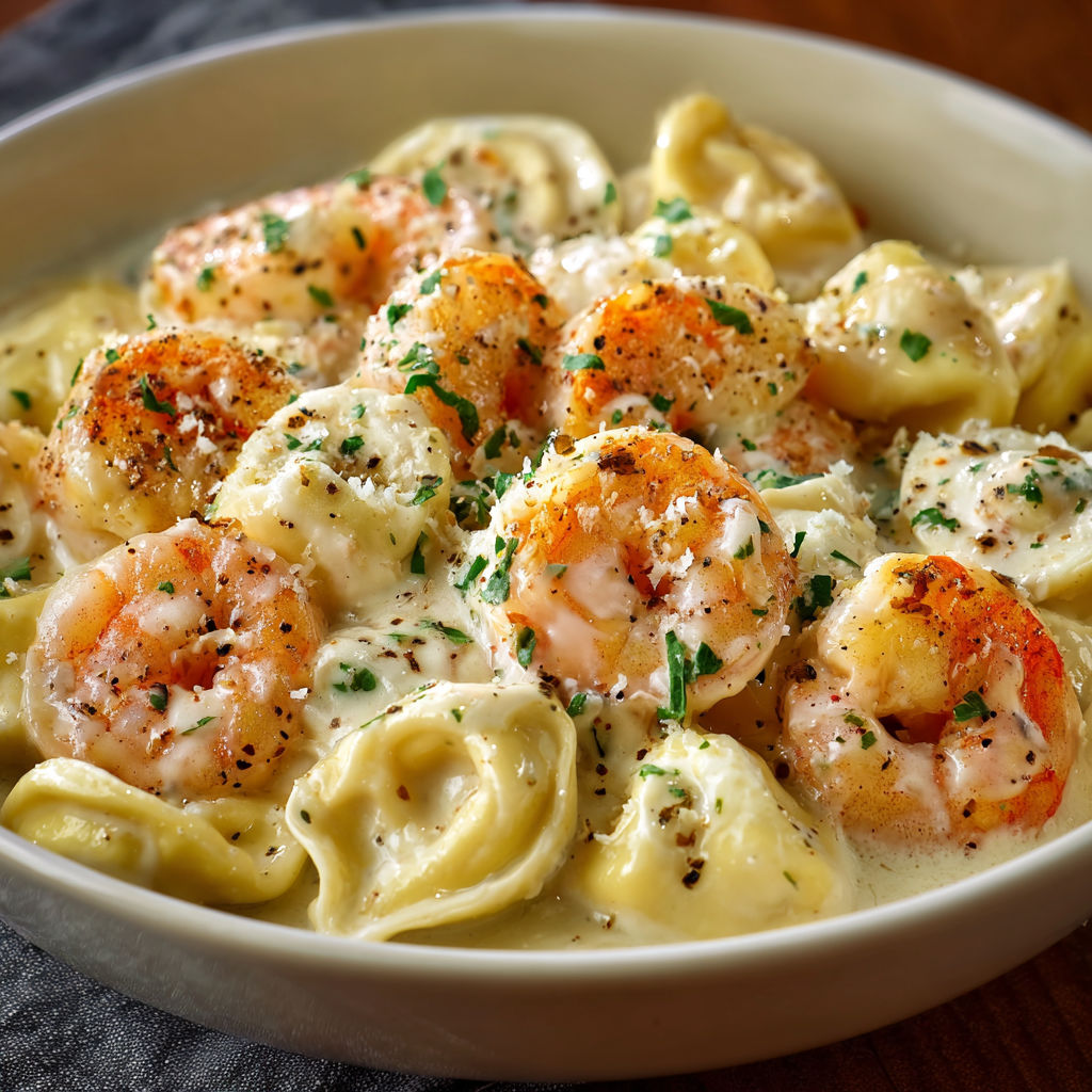 A bowl of pasta with shrimp and cheese, served with a creamy sauce.