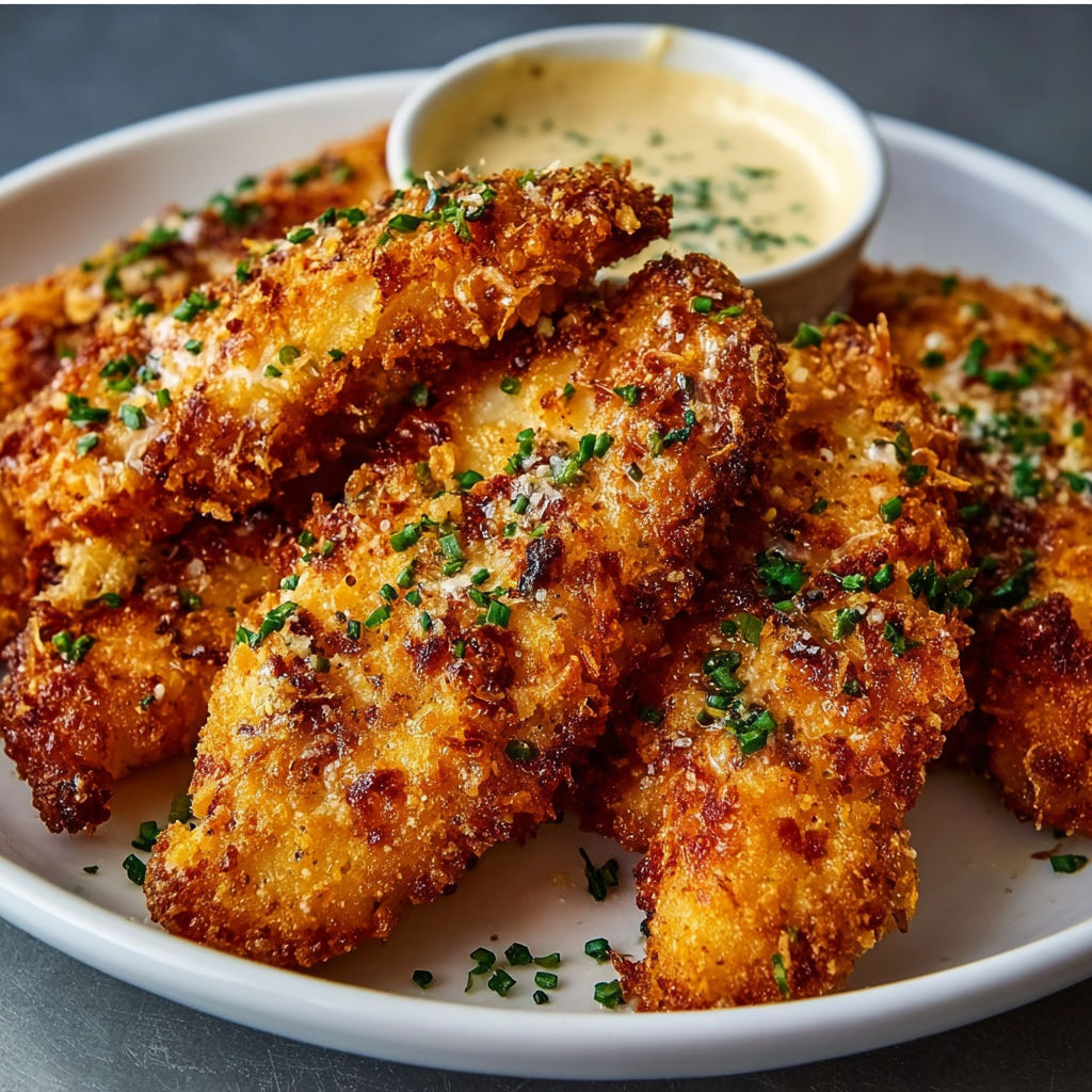 A plate of Crack Chicken Tenders with a dipping sauce.