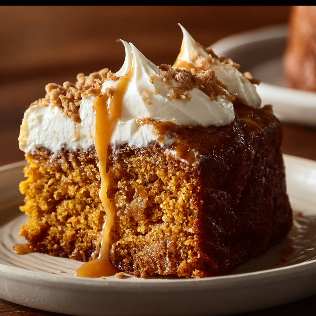 A slice of Better Than Fall Pumpkin Cake with white frosting and drizzled caramel.