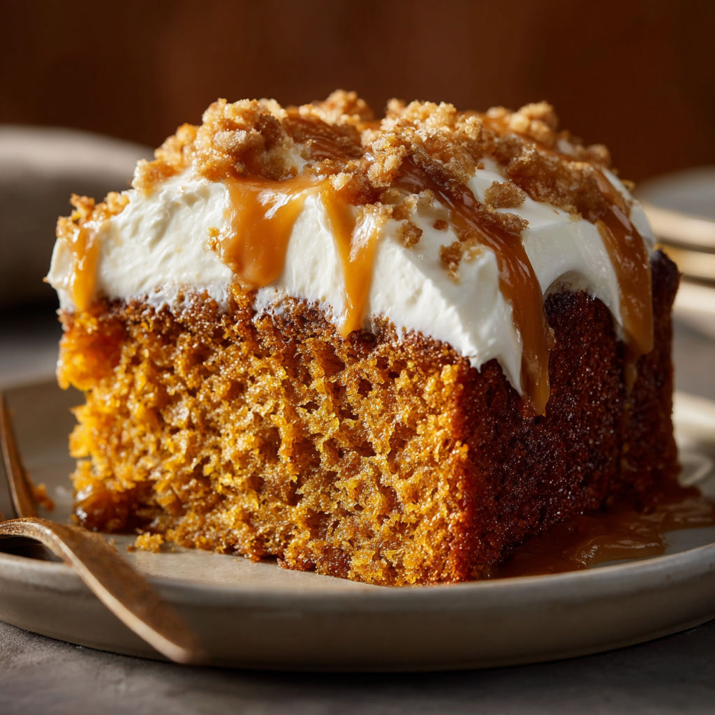 A slice of carrot cake with white frosting and drizzled with caramel sauce.
