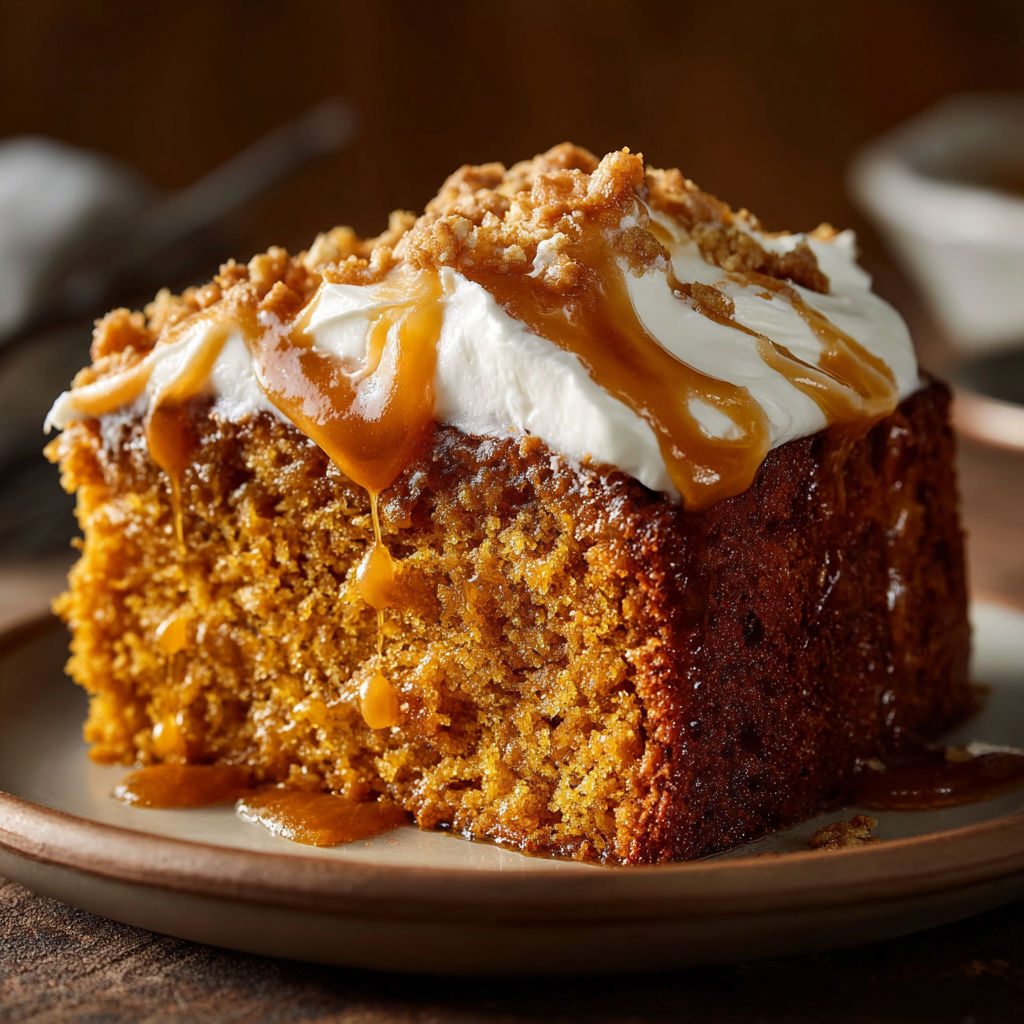 A slice of carrot cake with white frosting and drizzled with caramel sauce.