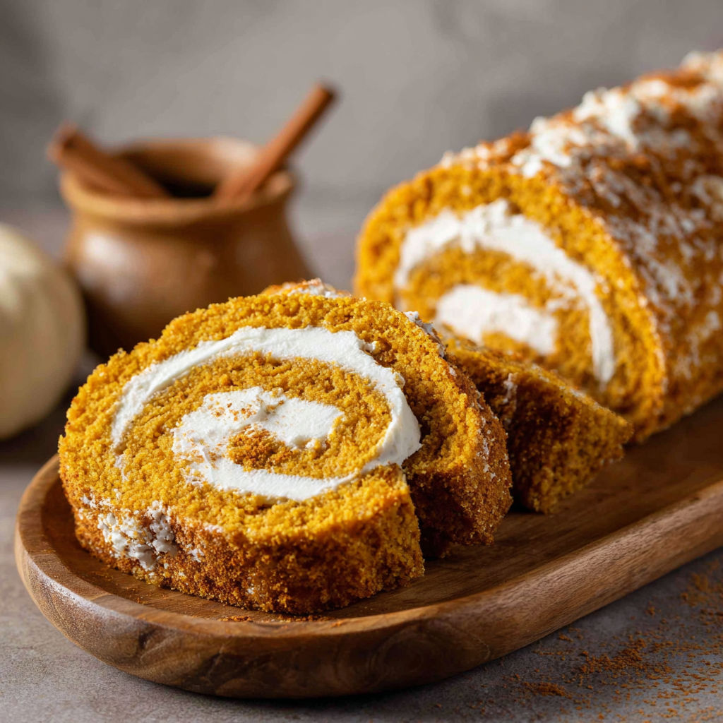 A delicious Keto Pumpkin Roll is displayed on a wooden platter, ready to be enjoyed.