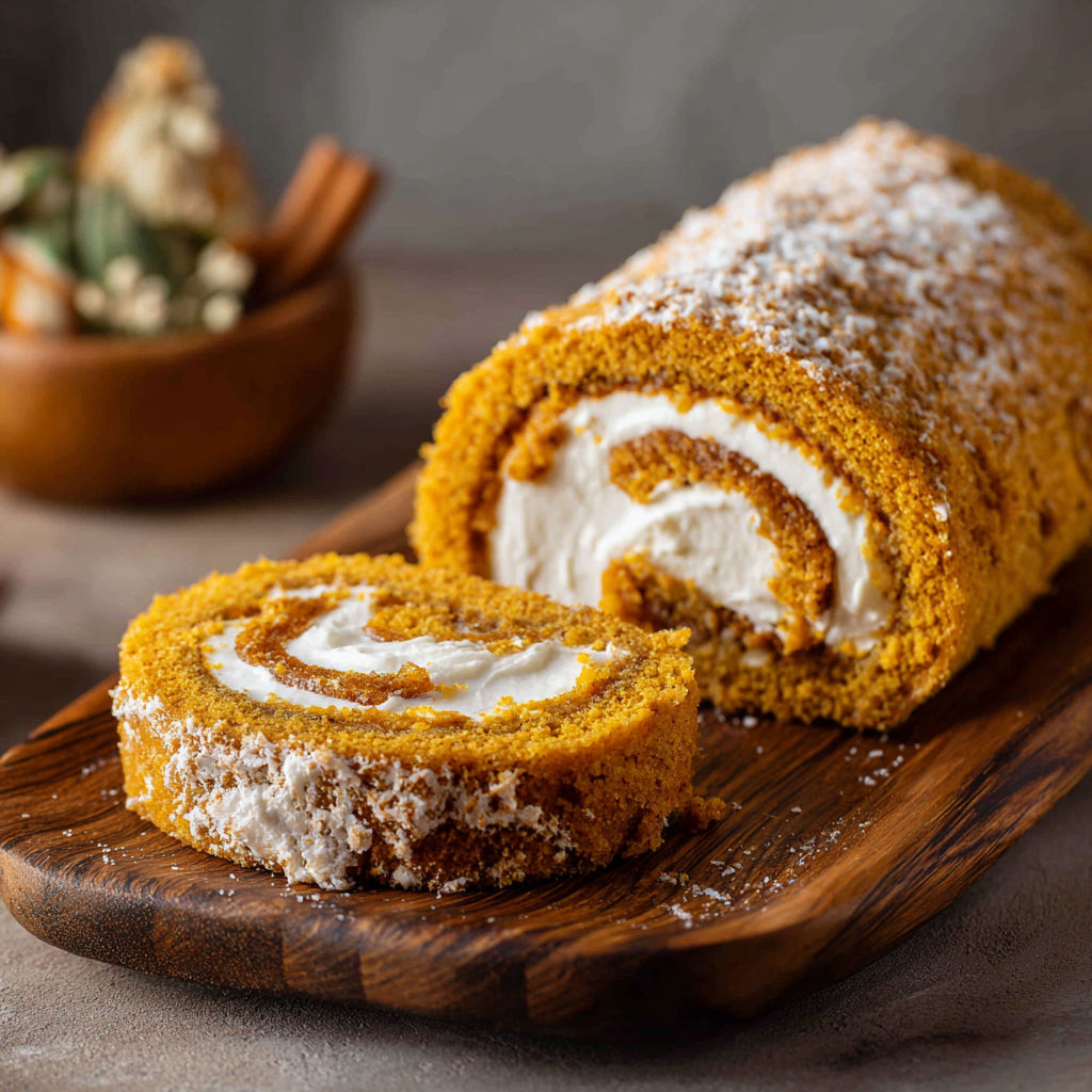 A delicious orange roll with white frosting sits on a wooden cutting board.