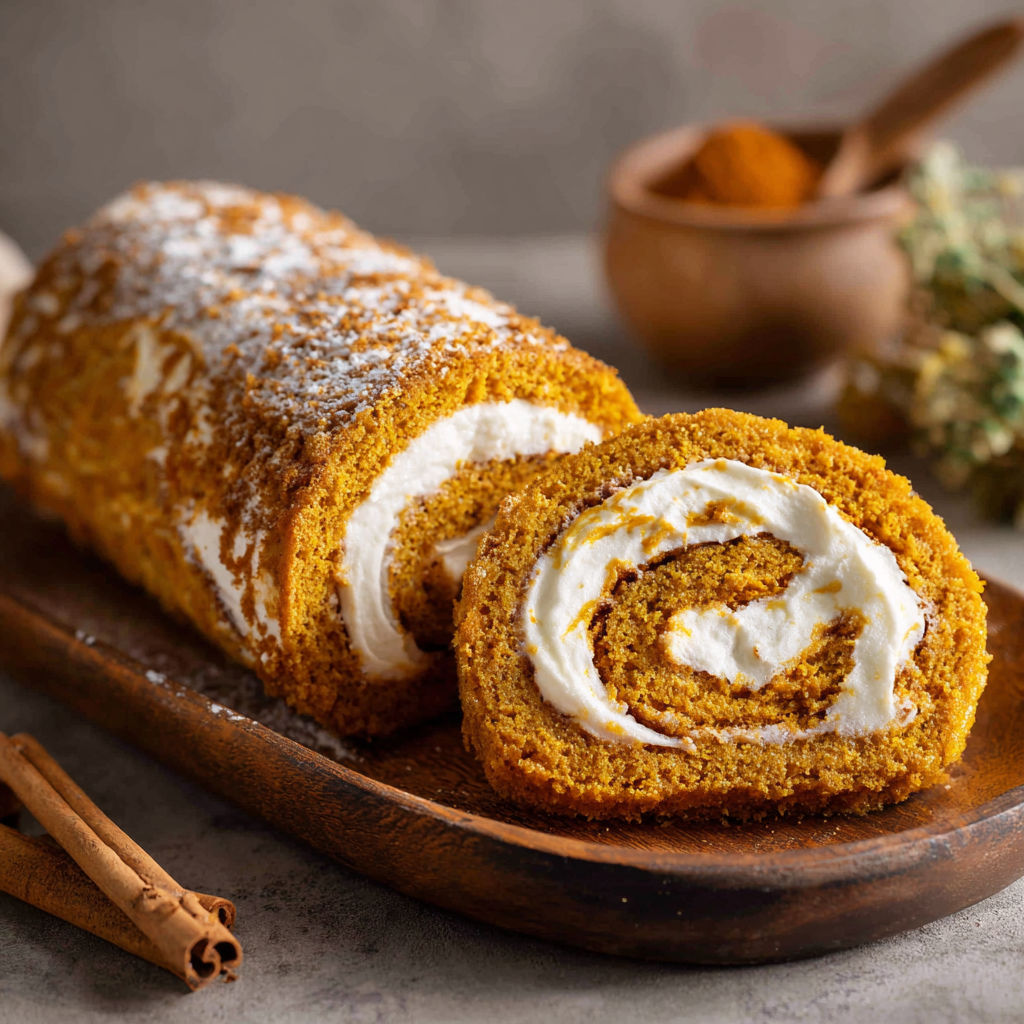 A cinnamon roll is displayed on a wooden platter, with a bowl of cinnamon and a spoon nearby.