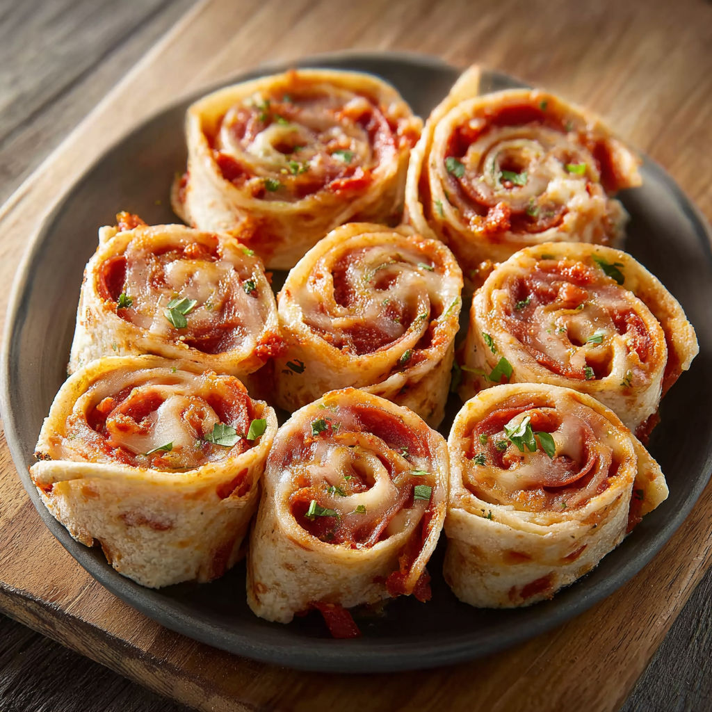 A plate of mini pizzas with various toppings, including pepperoni and cheese.