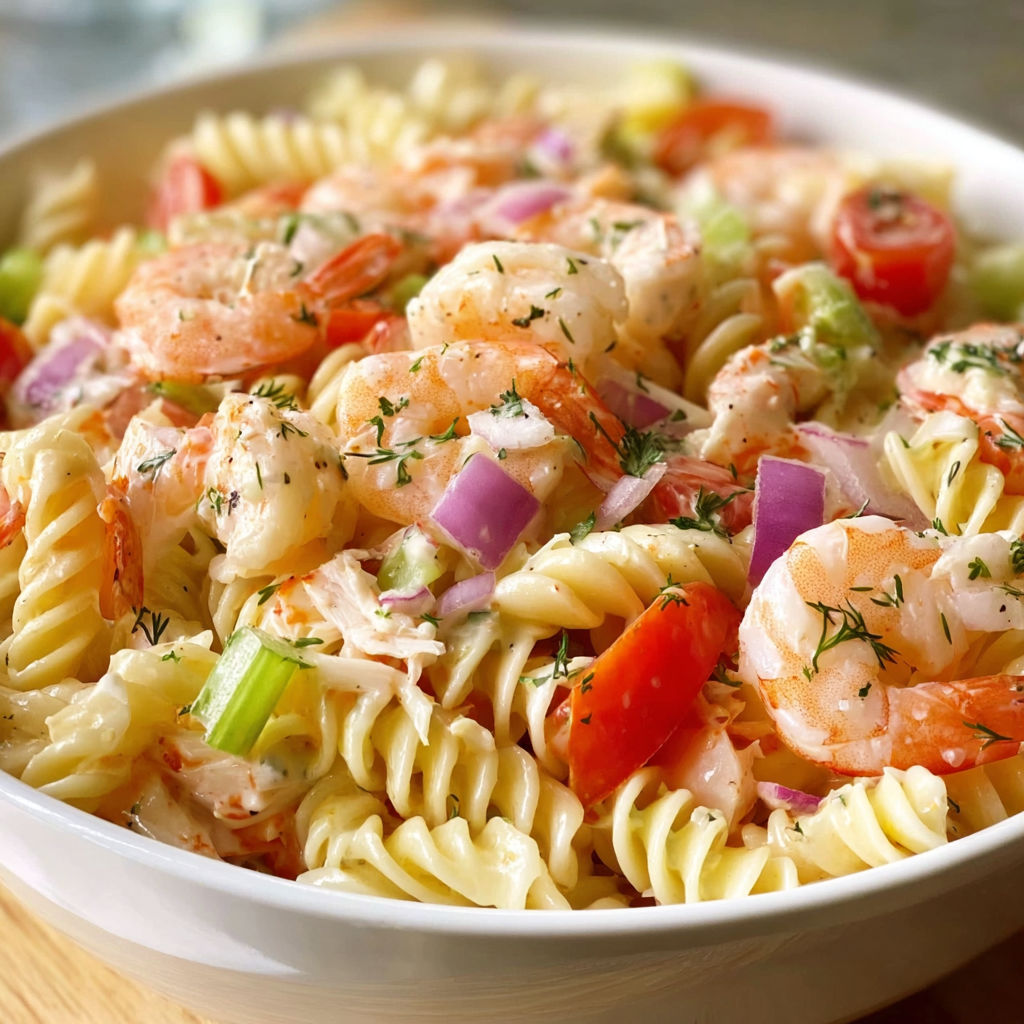 A bowl of seafood pasta with shrimp and crab.