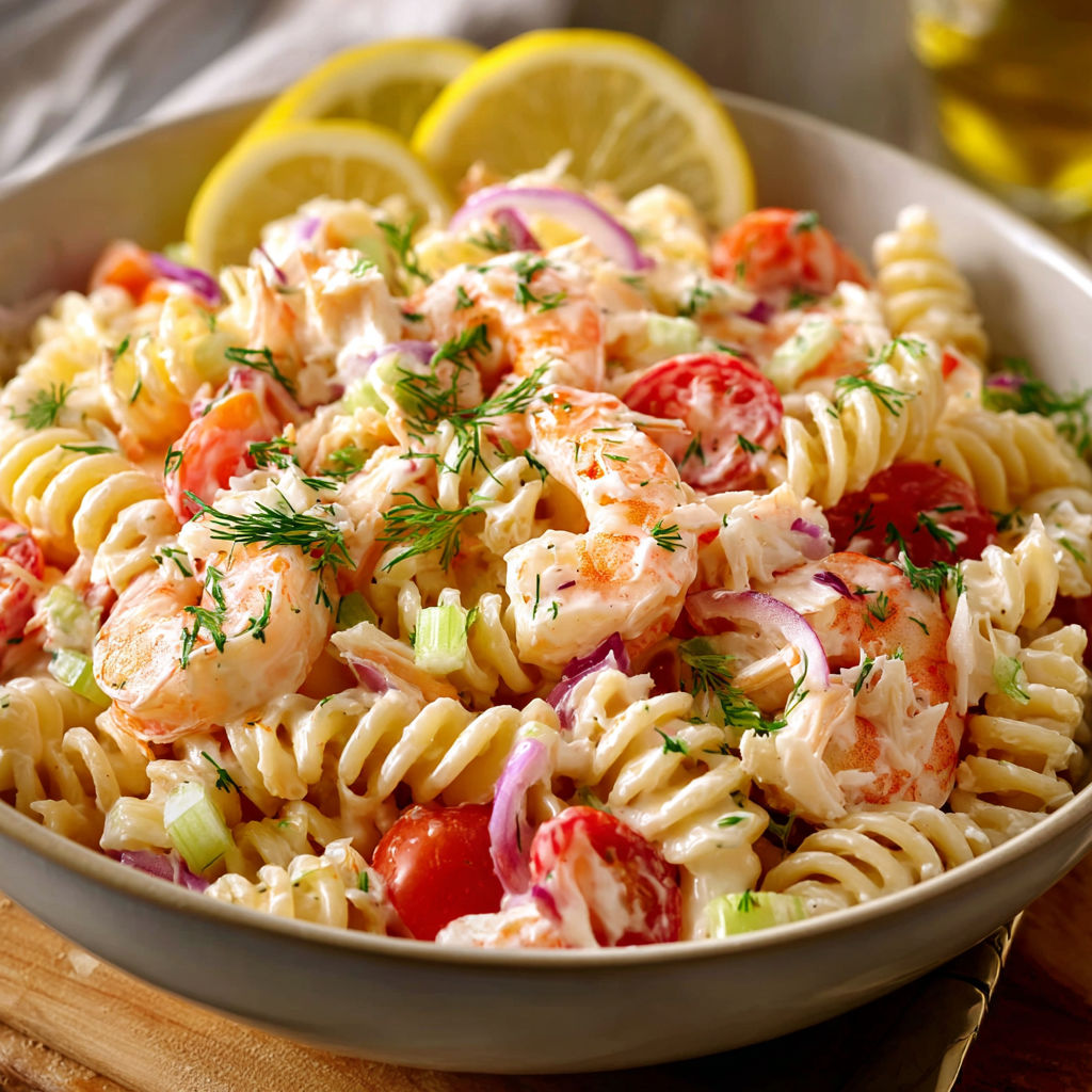 A bowl of seafood pasta with shrimp and crab, garnished with lemon wedges.