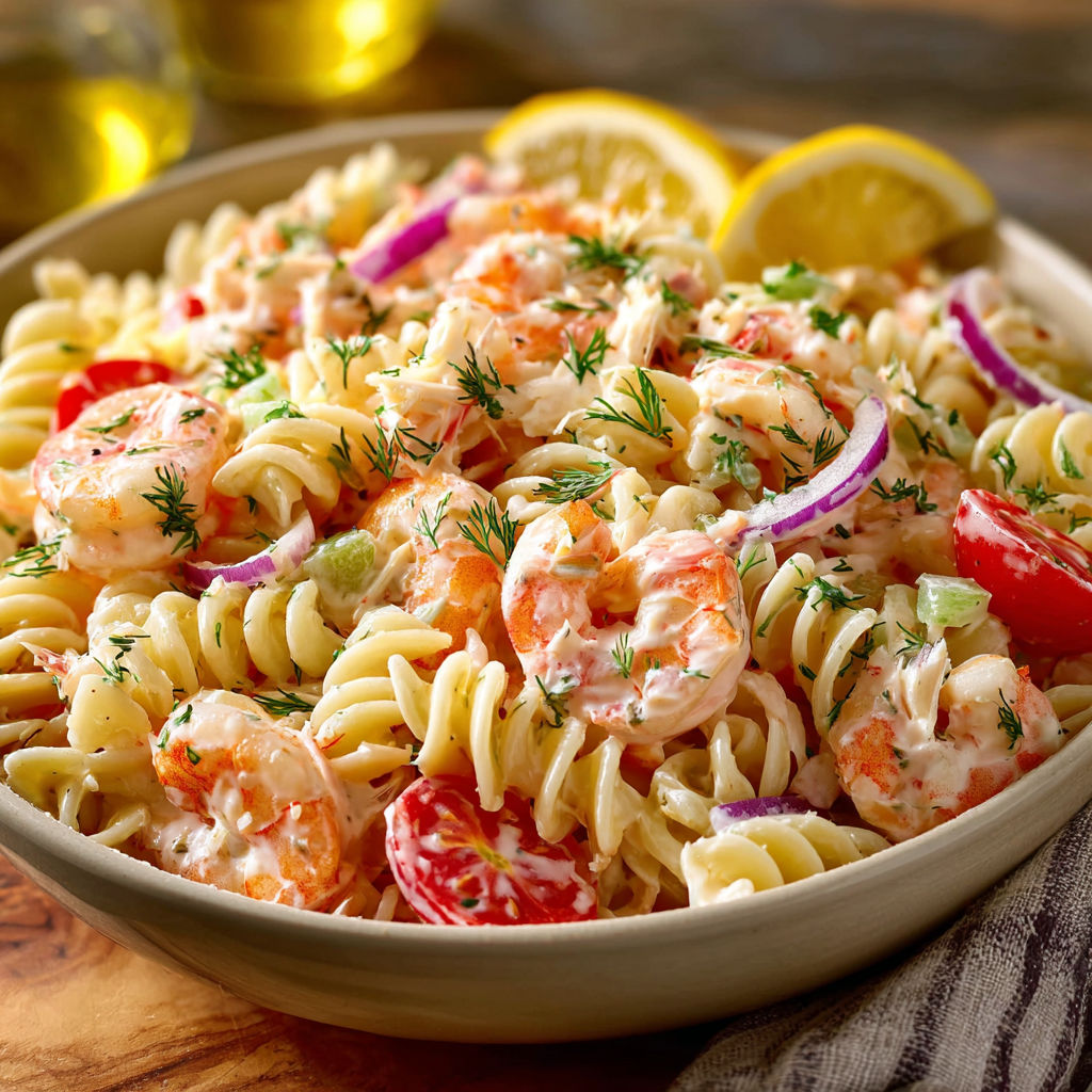 A bowl of seafood pasta with shrimp and crab.