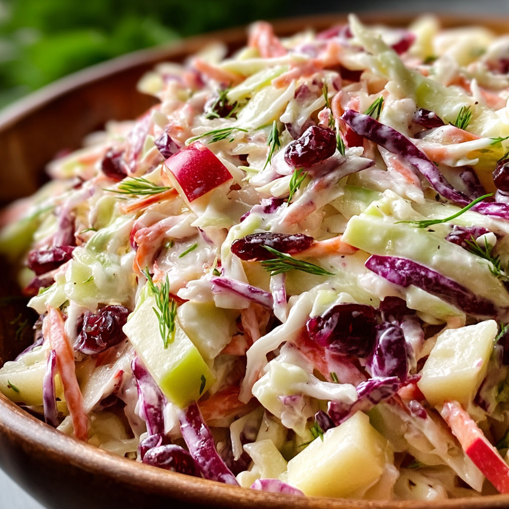 A bowl filled with a delicious Cranberry Apple Coleslaw.