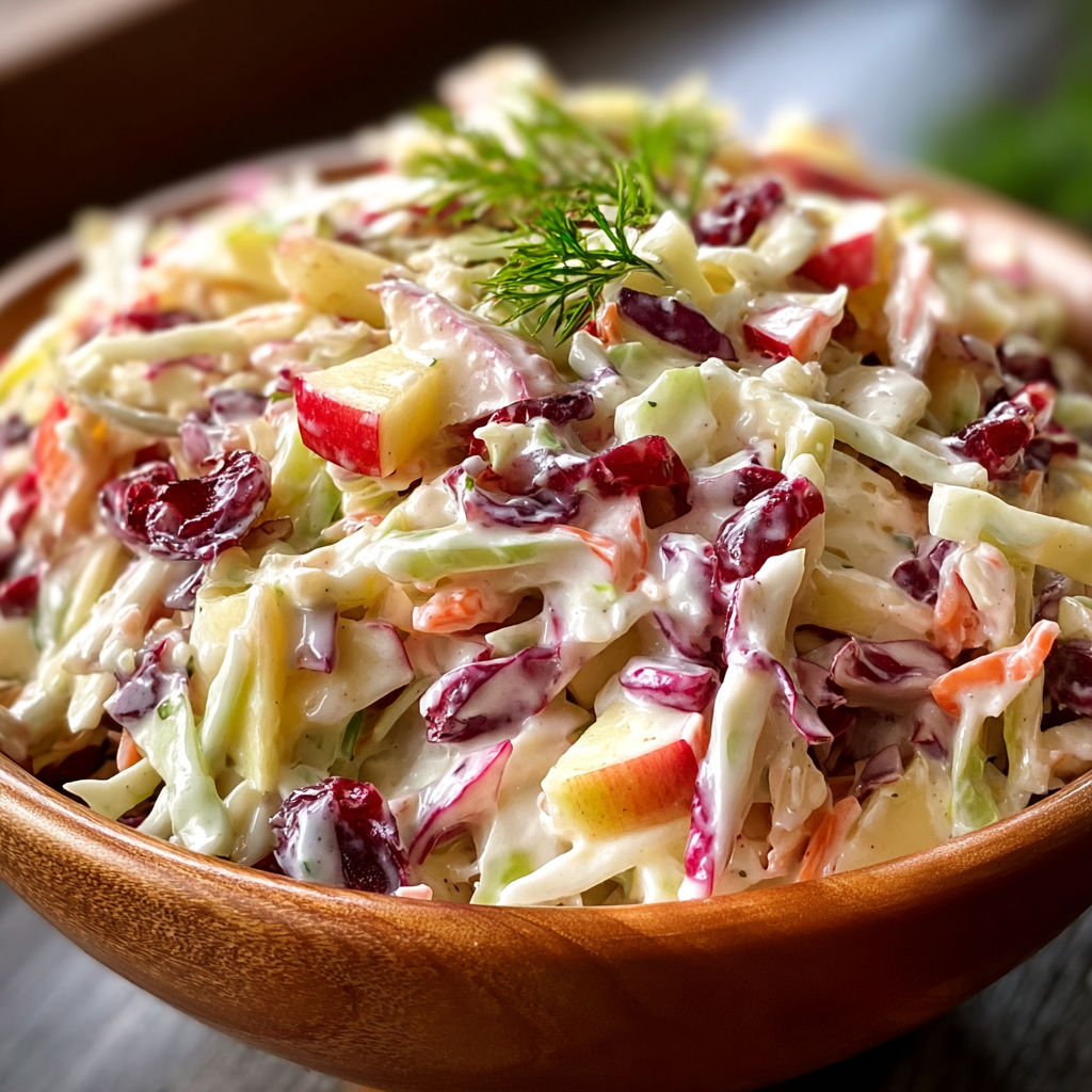 A bowl filled with a salad containing apples, carrots, and other vegetables.