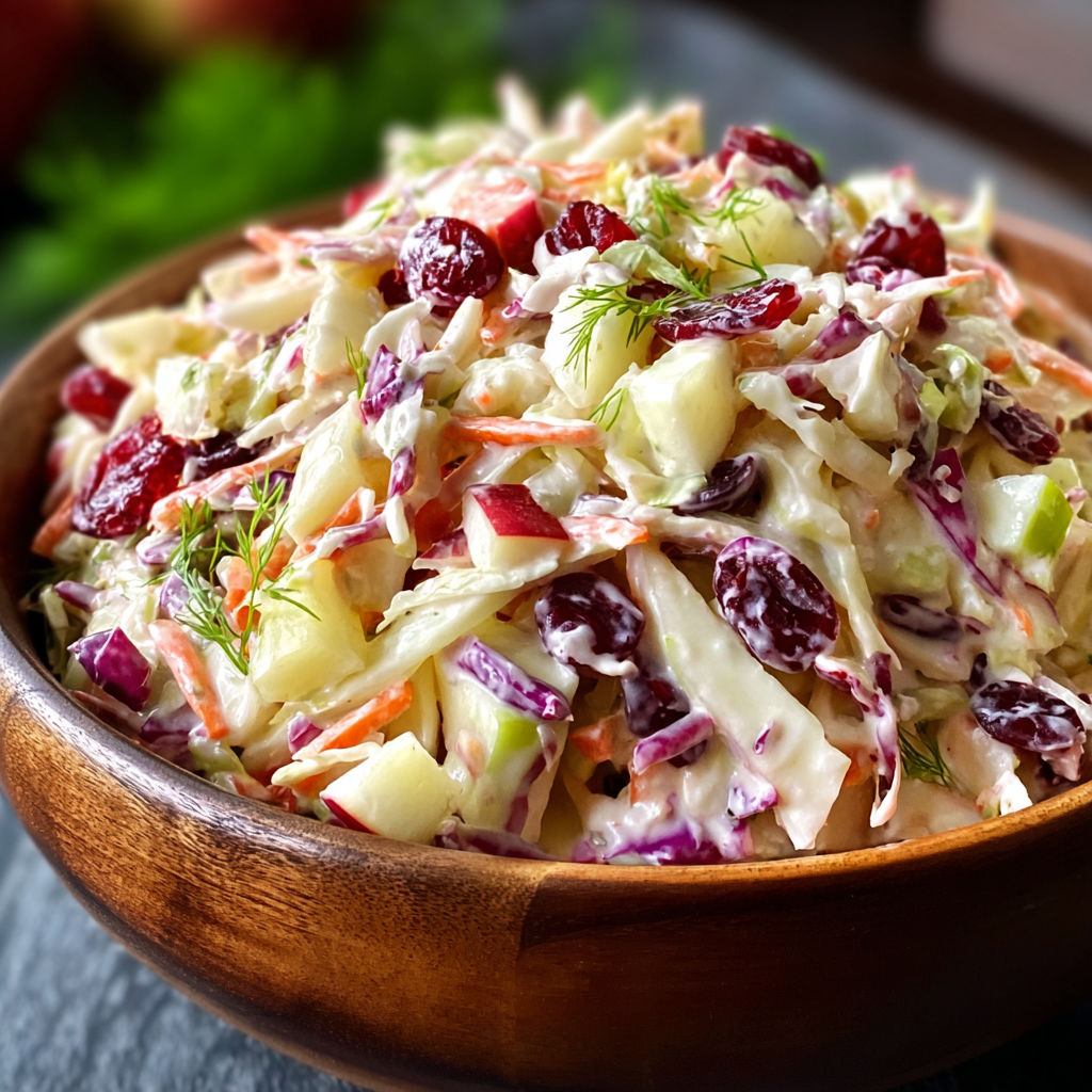 A wooden bowl filled with a salad containing carrots, cranberries, and apples.
