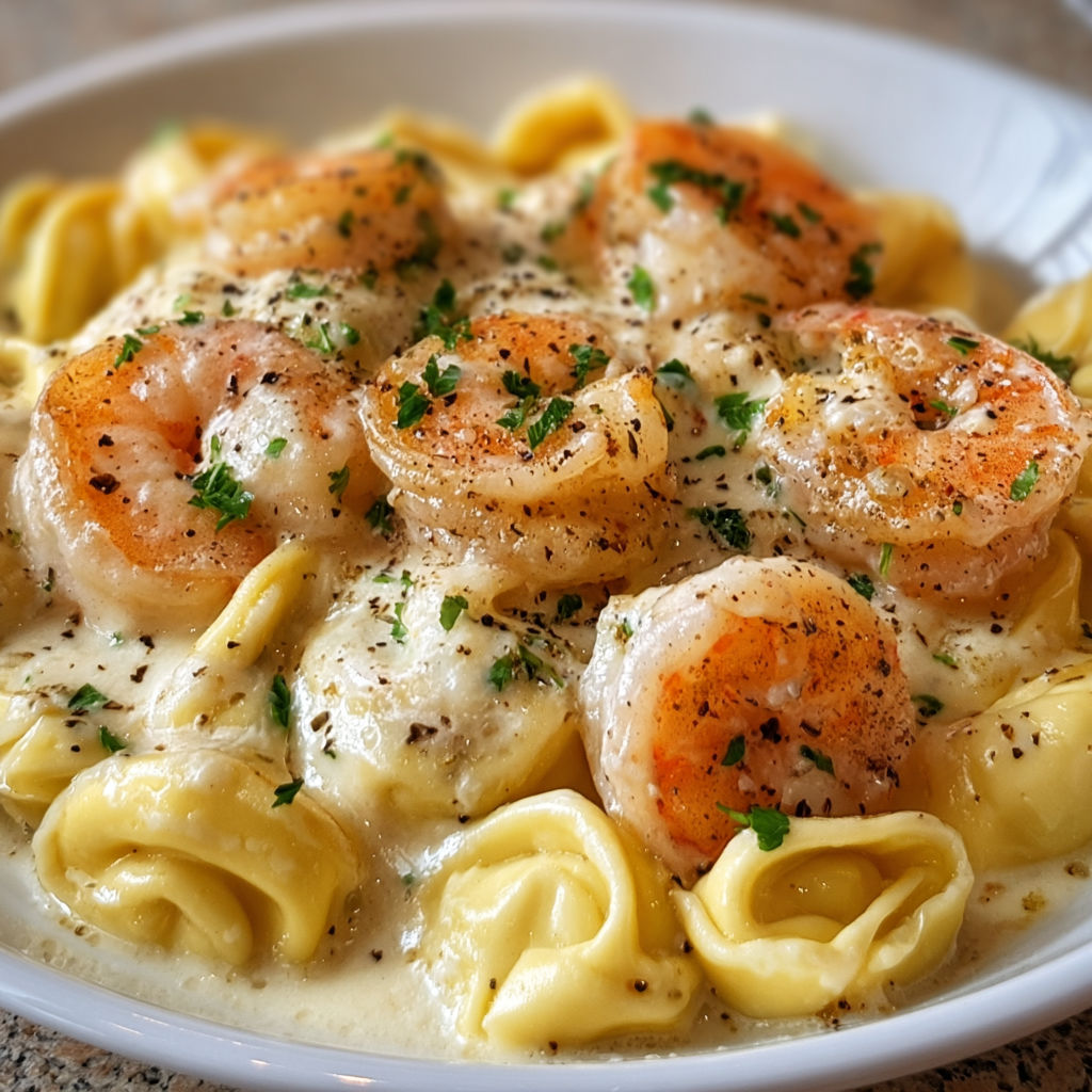 A delicious Cheese Tortellini Shrimp Alfredo dish, filled with pasta, shrimp, and cheese, is served on a white plate.