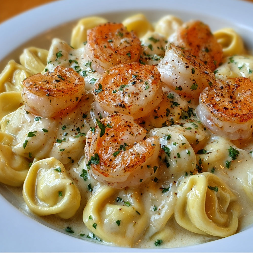 A white plate filled with shrimp and pasta, with a generous amount of cheese and herbs, making it a delicious and hearty meal.