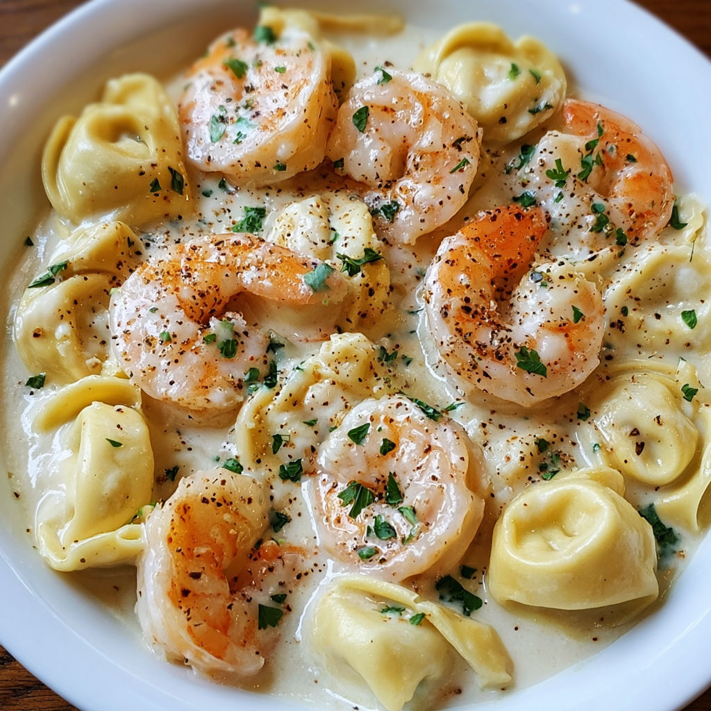 A bowl of shrimp and pasta with a white sauce.