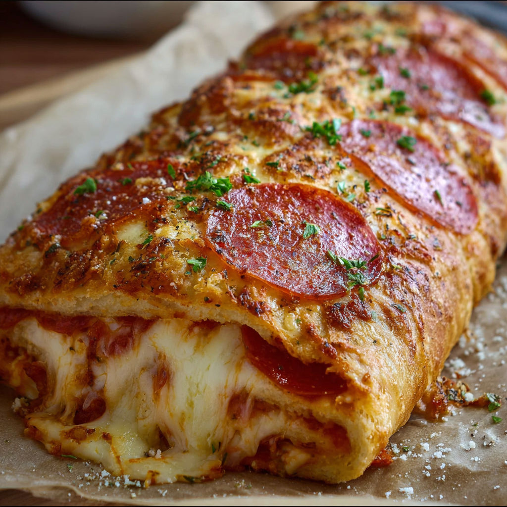 A delicious cheesy pepperoni stromboli bake is ready to be served.