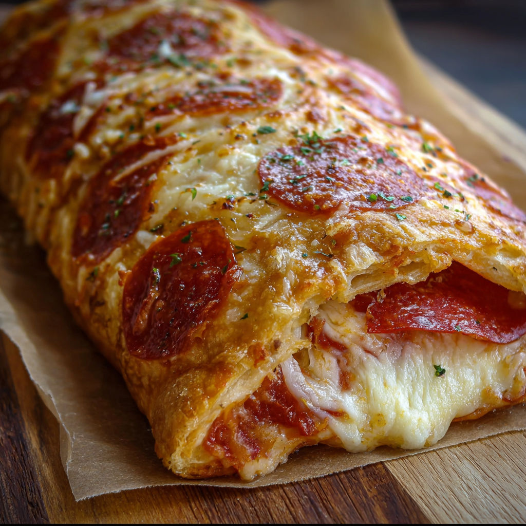 A pepperoni and cheese calzone is sliced and ready to be eaten.