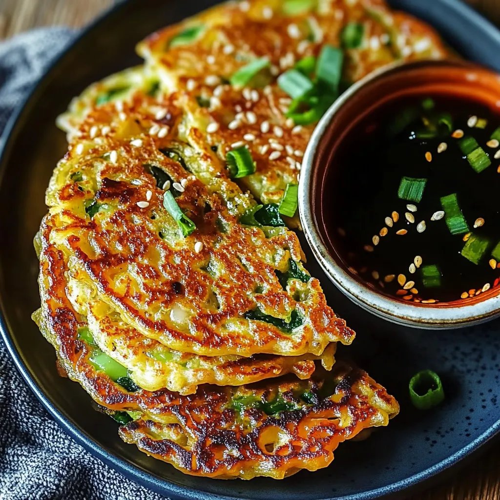A plate of vegetable pancakes with a bowl of sauce on the side.