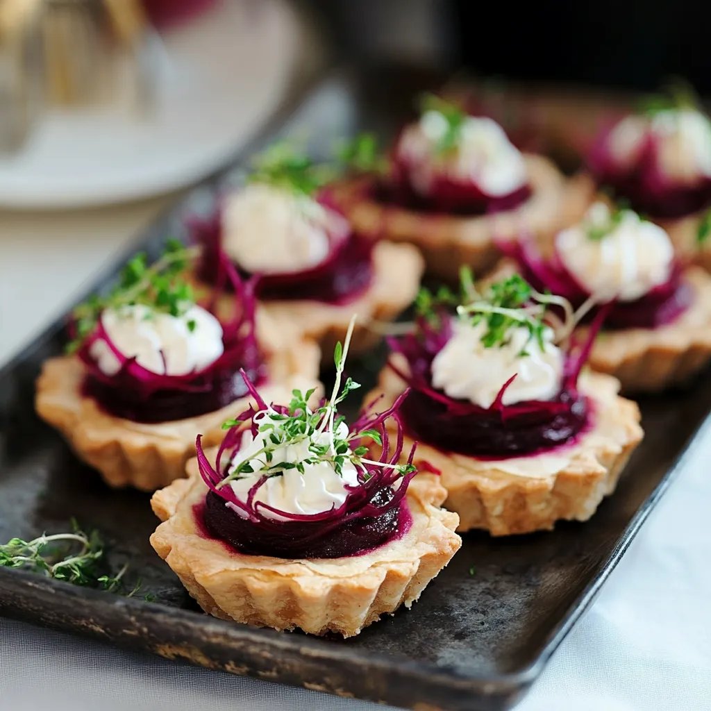 A tray of beetroot tartlets with goat cheese on a table.