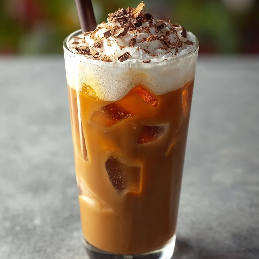 A glass of iced Mexican coffee with whipped cream on top.