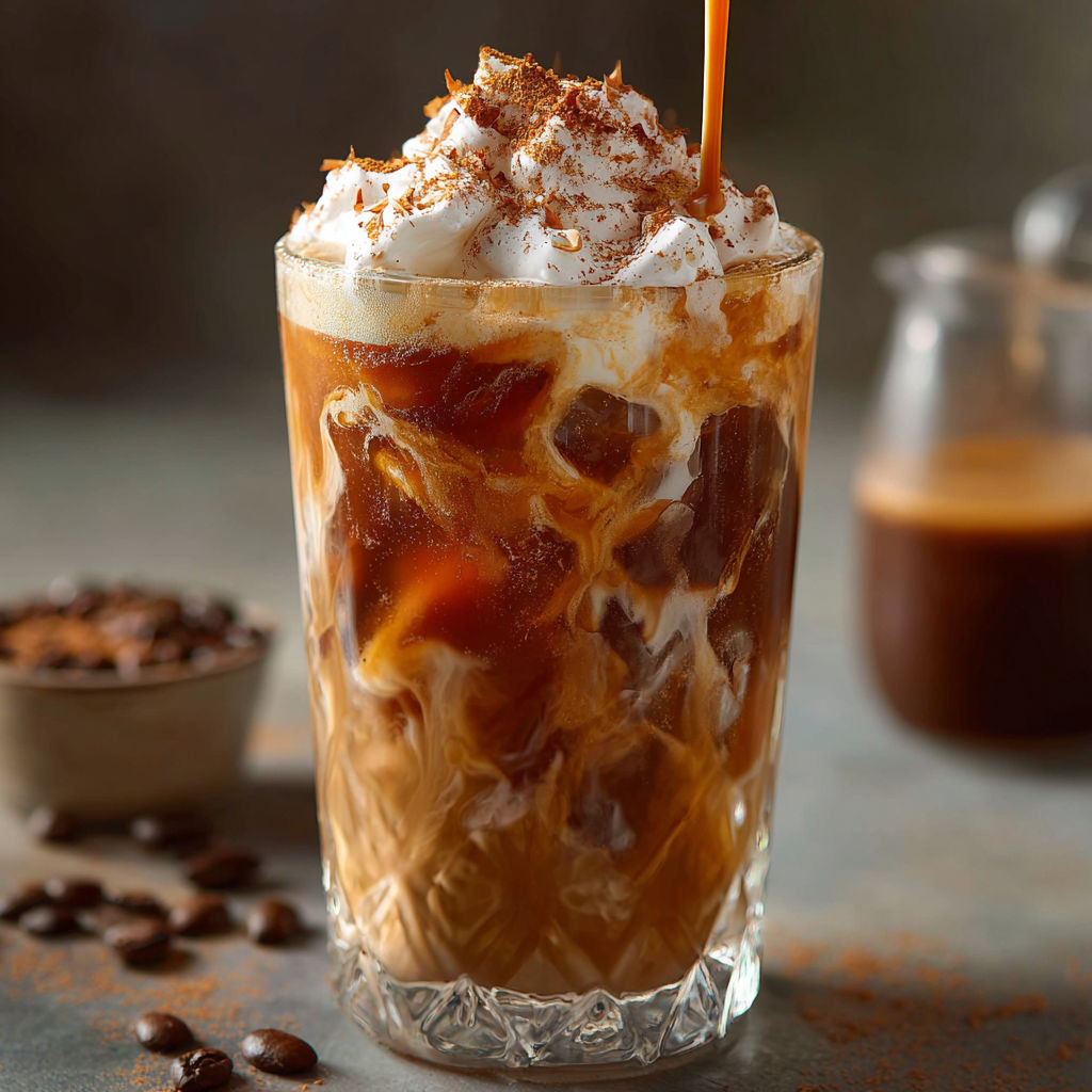 A glass of coffee with whipped cream and caramel drizzle, topped with a cinnamon stick.