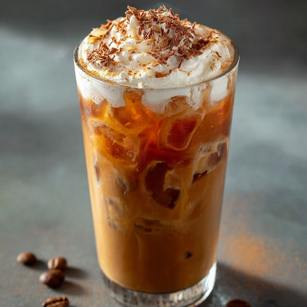 A glass of coffee with whipped cream and chocolate sprinkles on top.