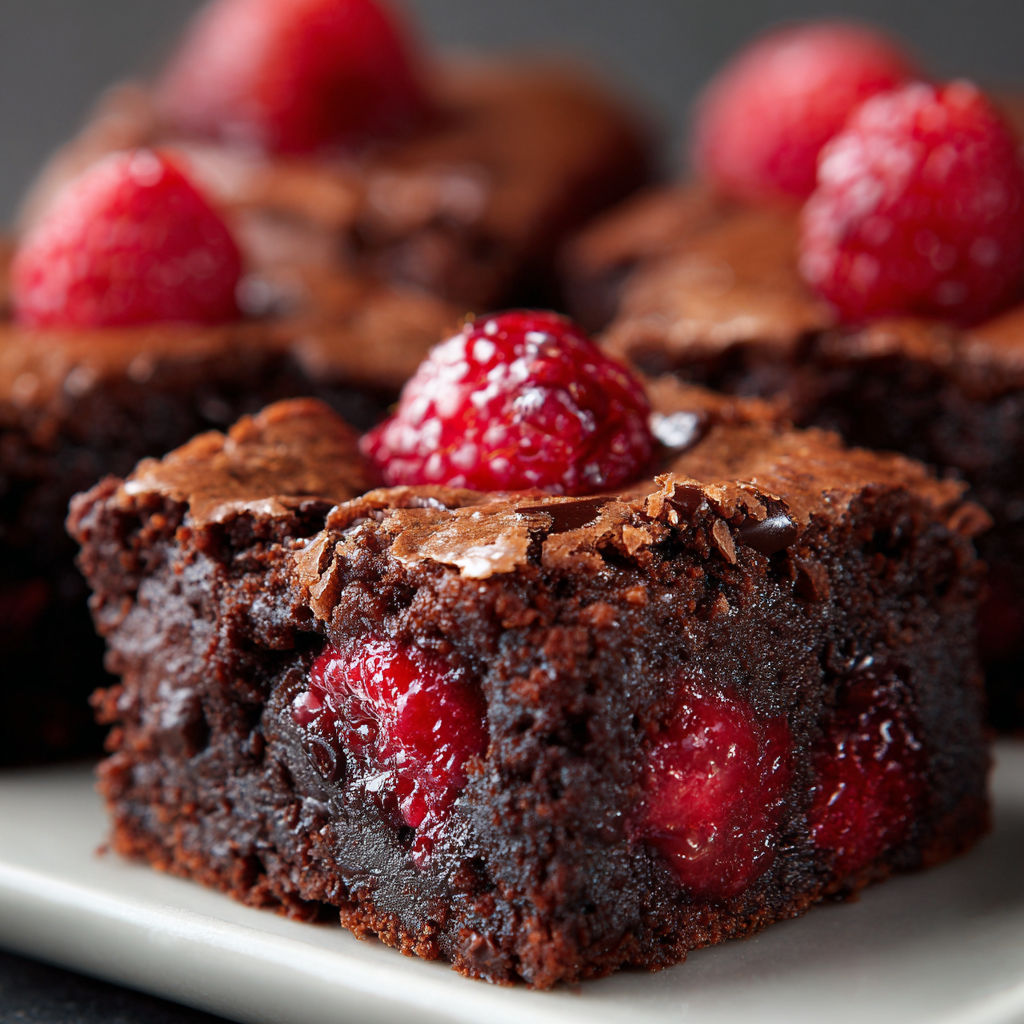 A plate of Raspberry Brownies with chocolate and raspberry toppings.